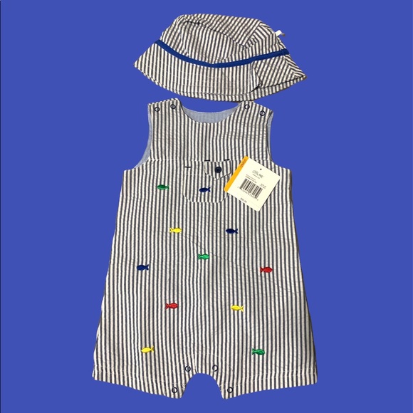 Little Me Woven Sunsuit w Hat NWT Nautical Blue Summer Stripes & Rainbow Fish - Picture 1 of 3